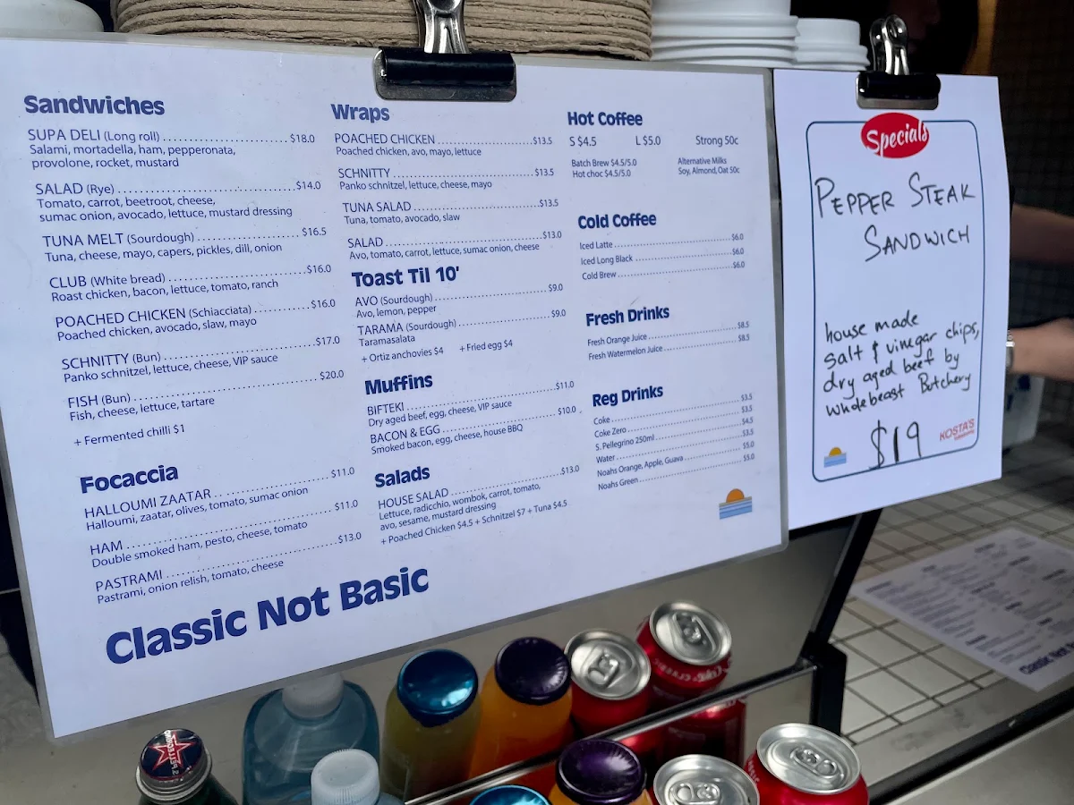Menu, Kosta's Takeaway Circular Quay
