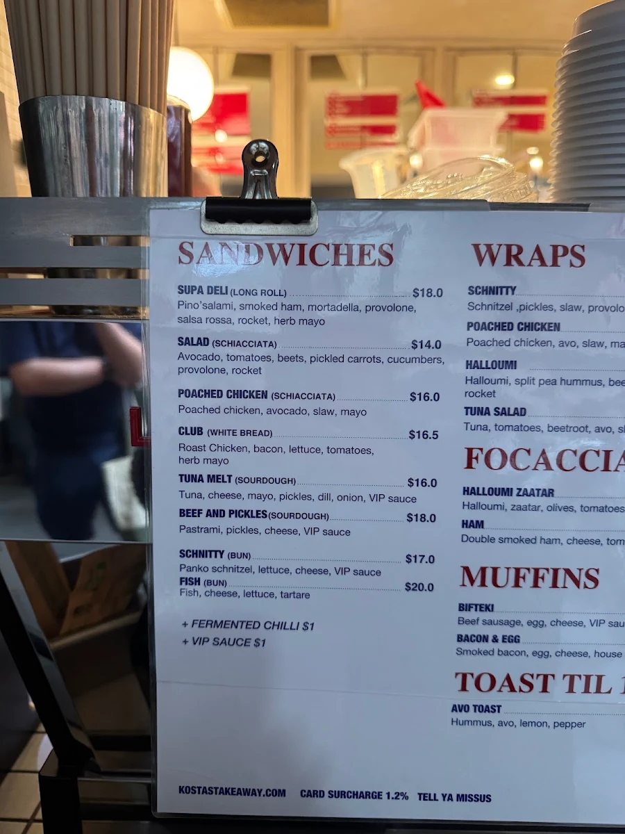 Menu, Kosta's Takeaway Circular Quay