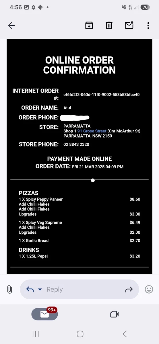 Menu, Domino's Pizza Parramatta