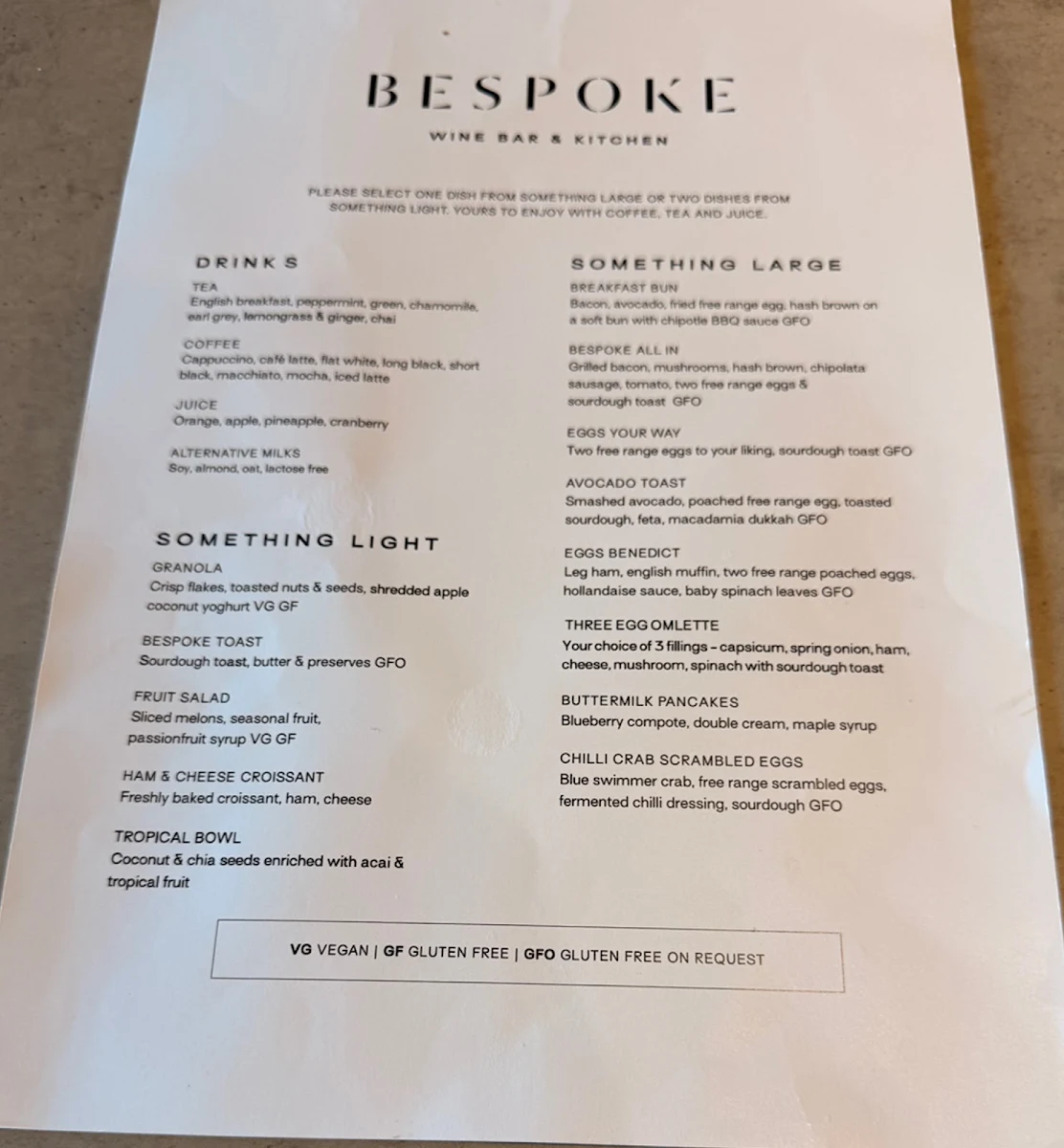 Menu, Bespoke Wine Bar & Kitchen