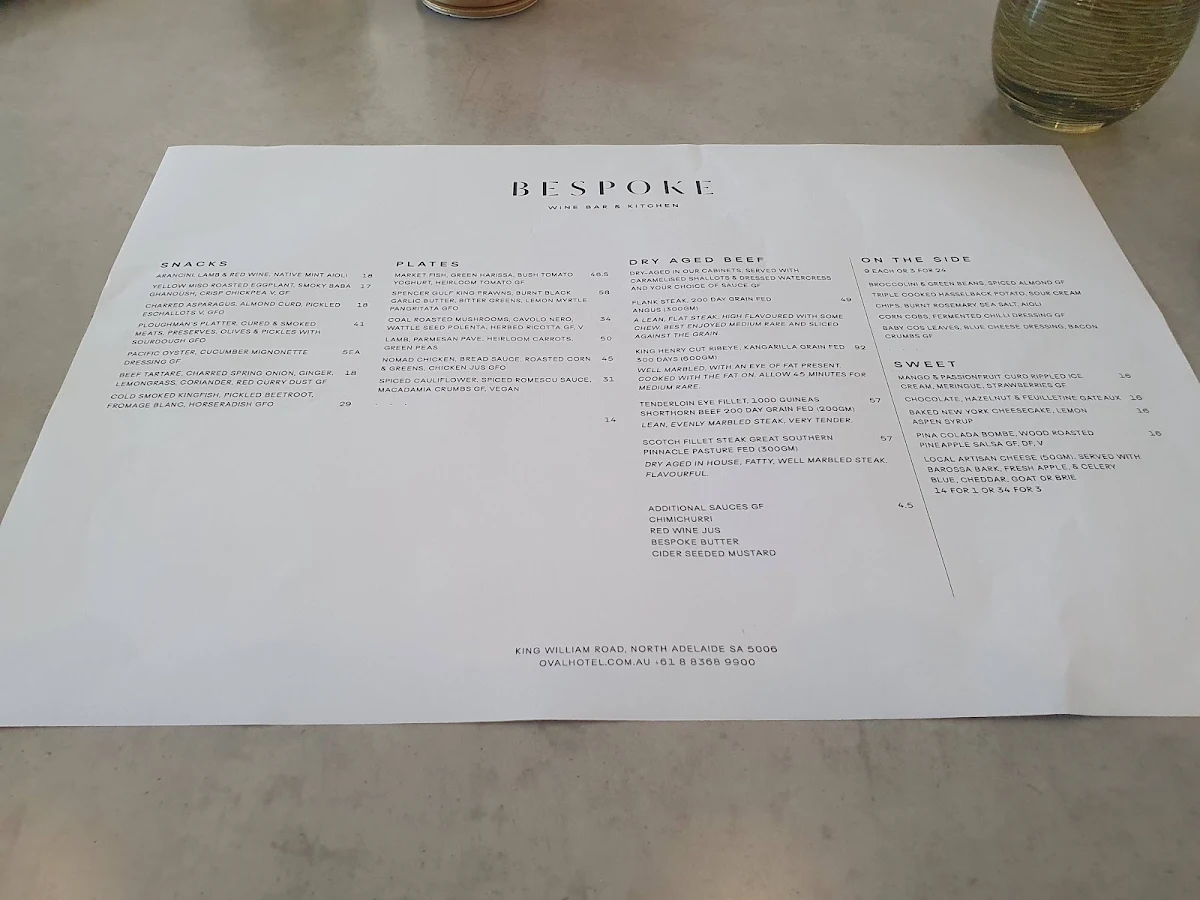 Menu, Bespoke Wine Bar & Kitchen