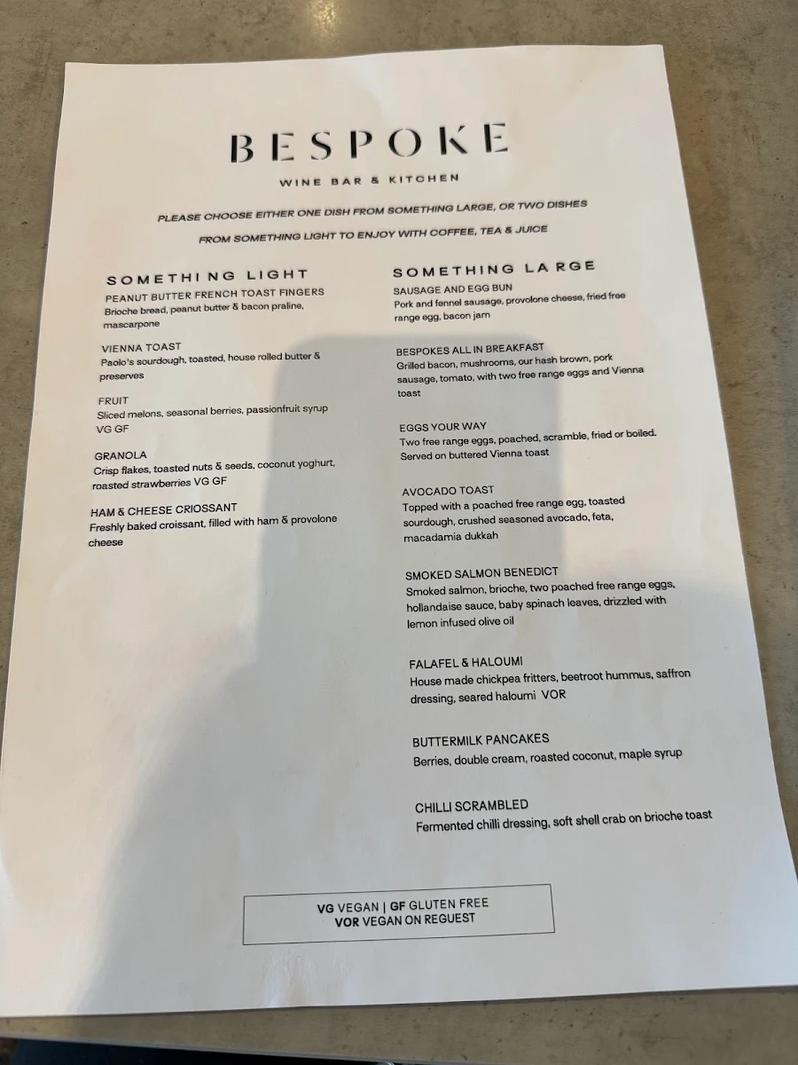 Menu, Bespoke Wine Bar & Kitchen