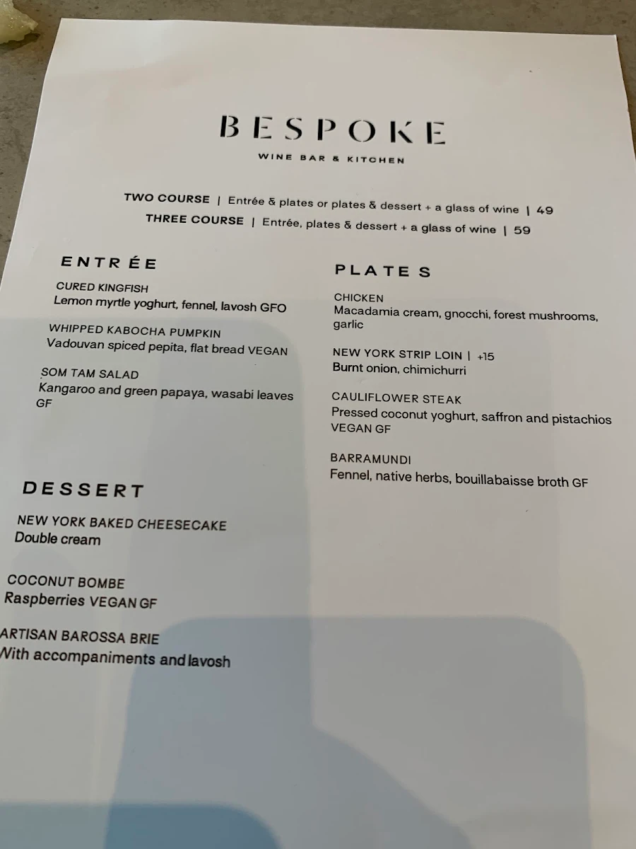 Menu, Bespoke Wine Bar & Kitchen