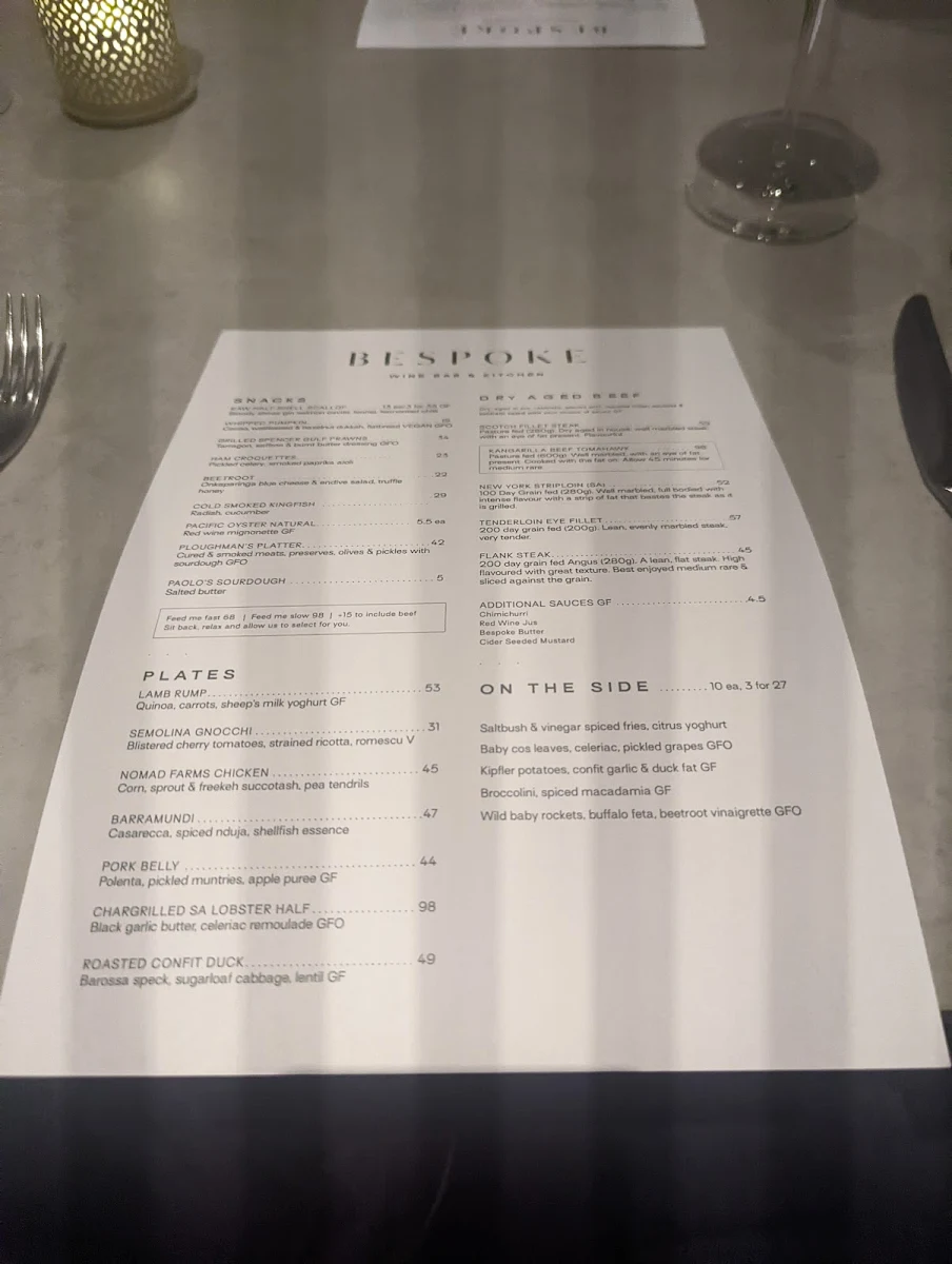 Menu, Bespoke Wine Bar & Kitchen