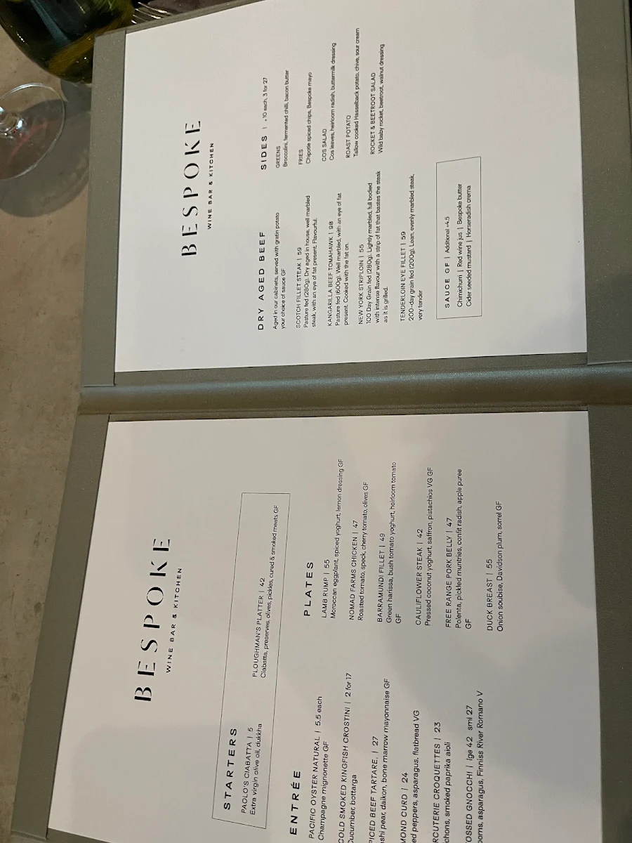 Menu, Bespoke Wine Bar & Kitchen