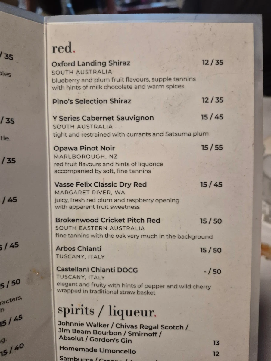 Menu, Zio Pino Pizzeria