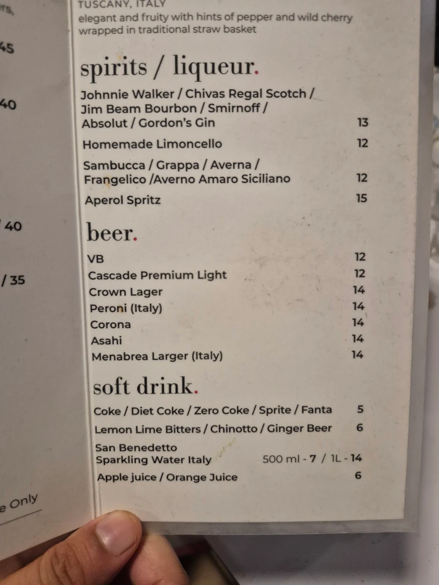 Menu, Zio Pino Pizzeria