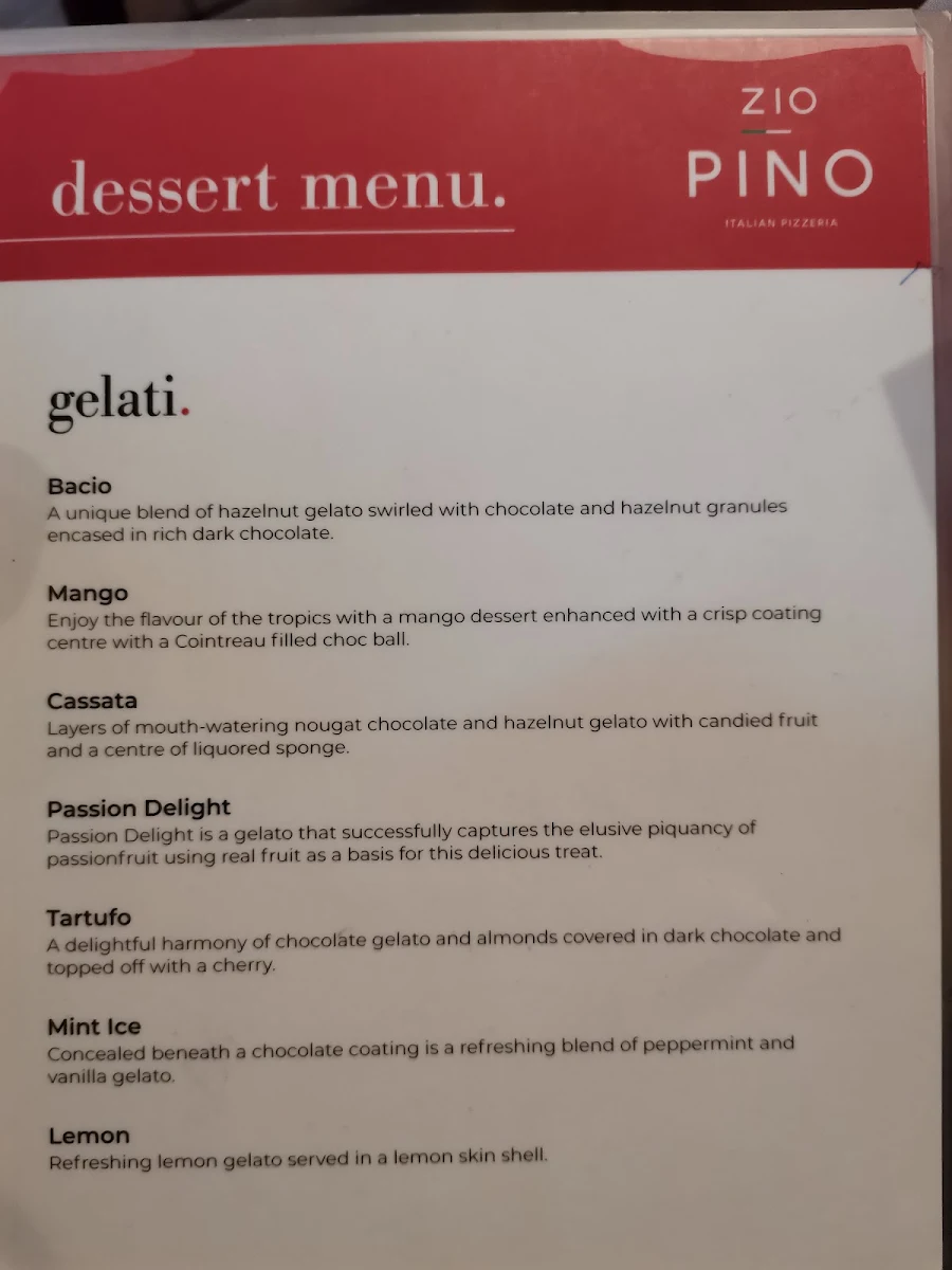 Menu, Zio Pino Pizzeria