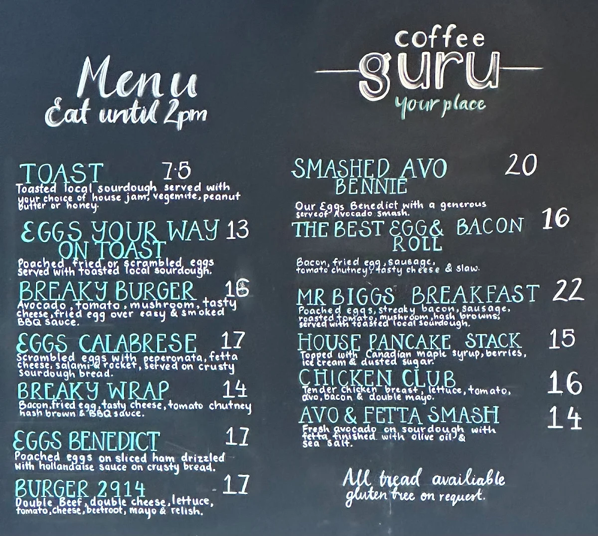 Menu, Coffee Guru Bonner