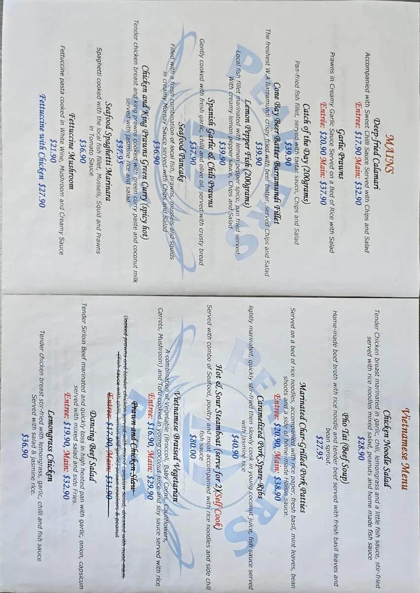 Menu, The Pearlers Rest Family Restaurant Karratha