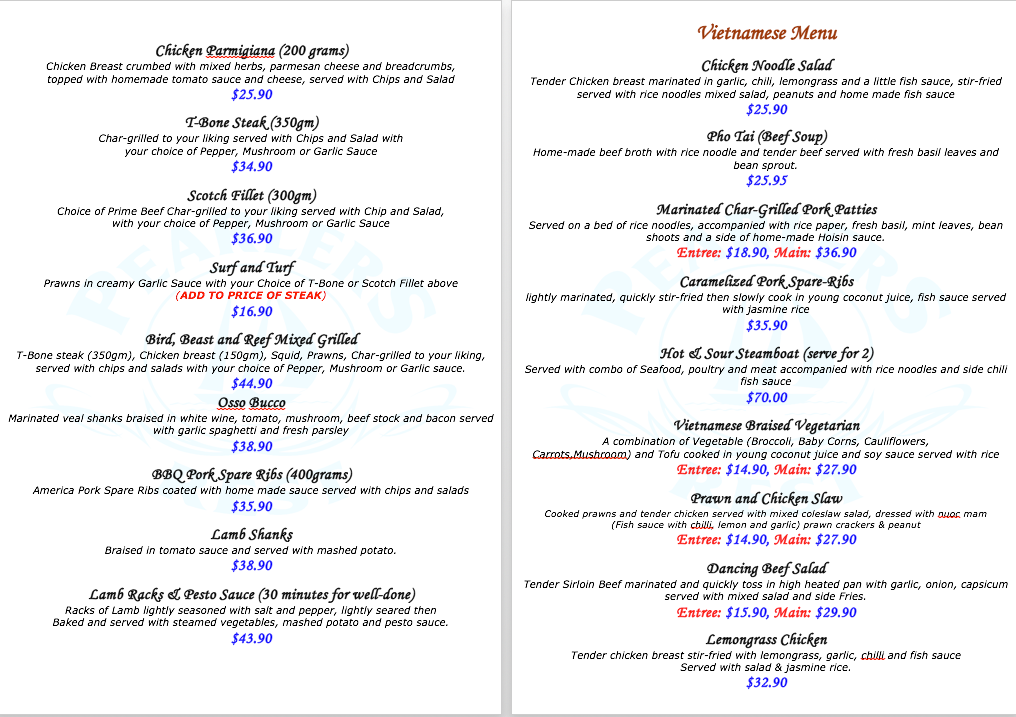 Menu, The Pearlers Rest Family Restaurant Karratha