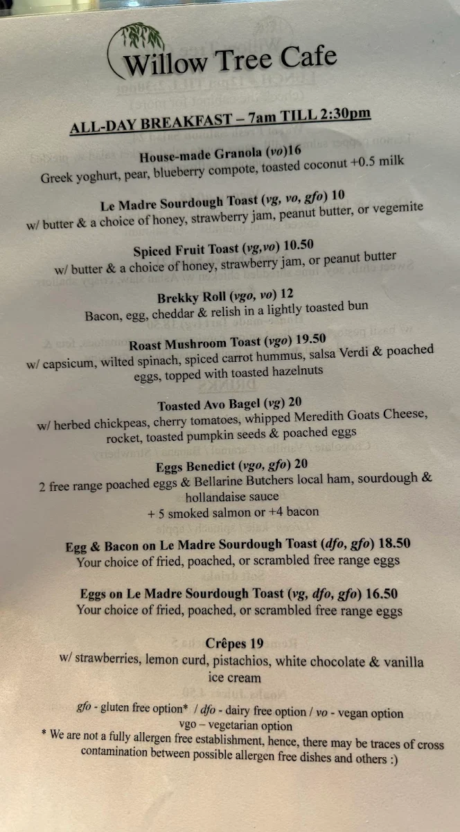 Menu, Willow Tree Cafe