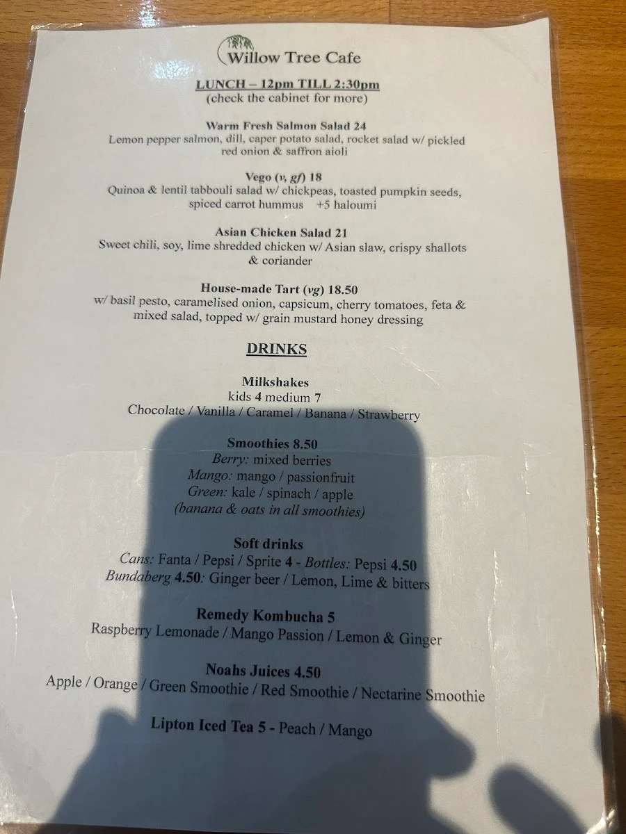 Menu, Willow Tree Cafe