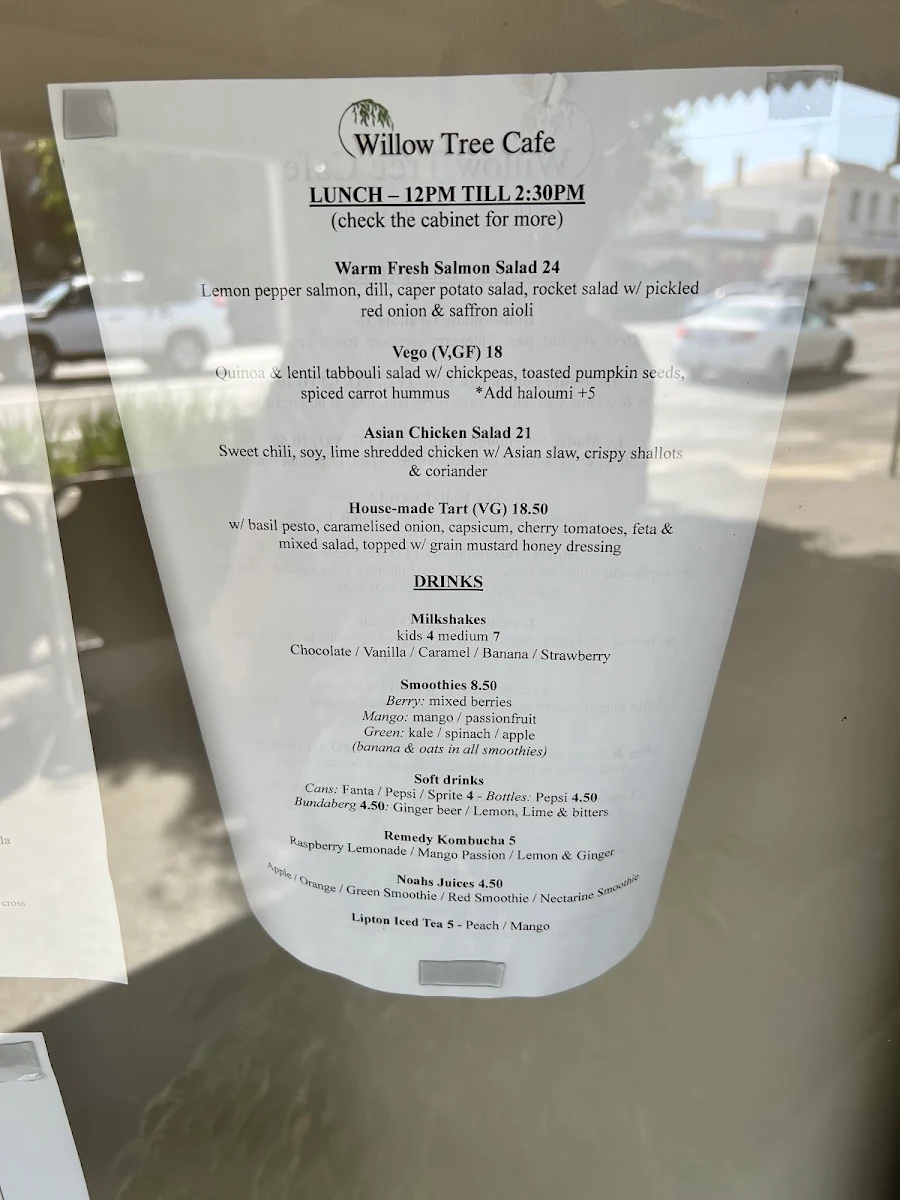 Menu, Willow Tree Cafe