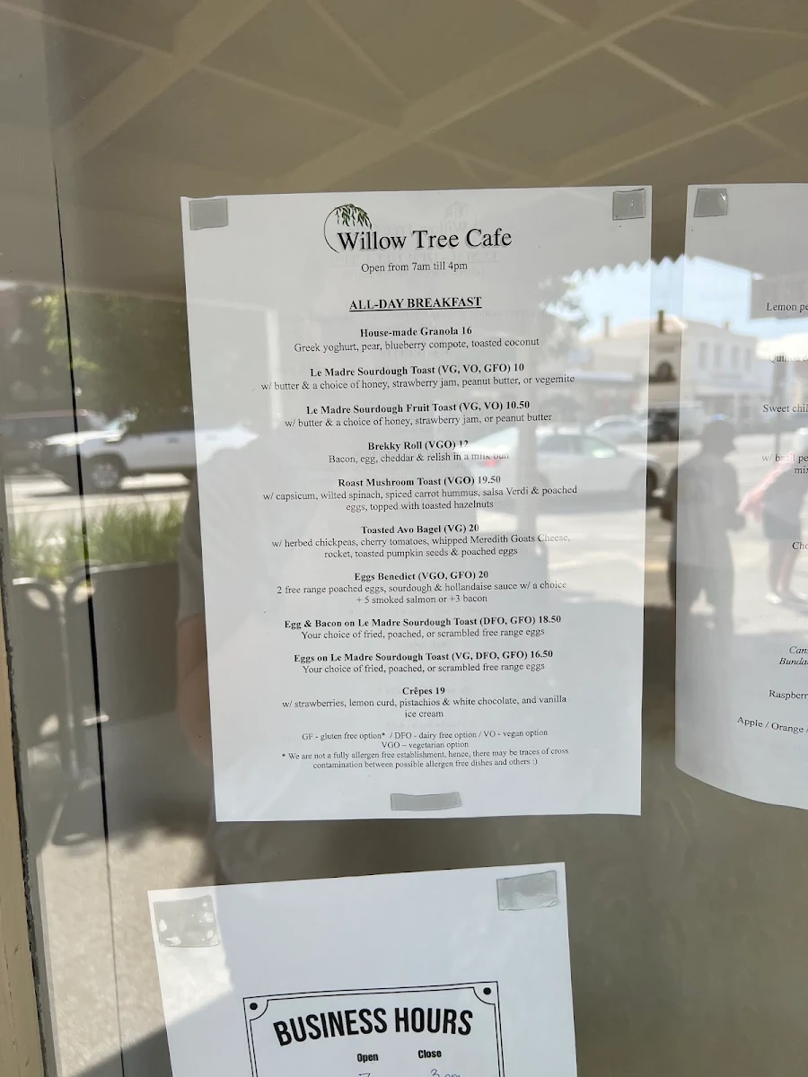 Menu, Willow Tree Cafe