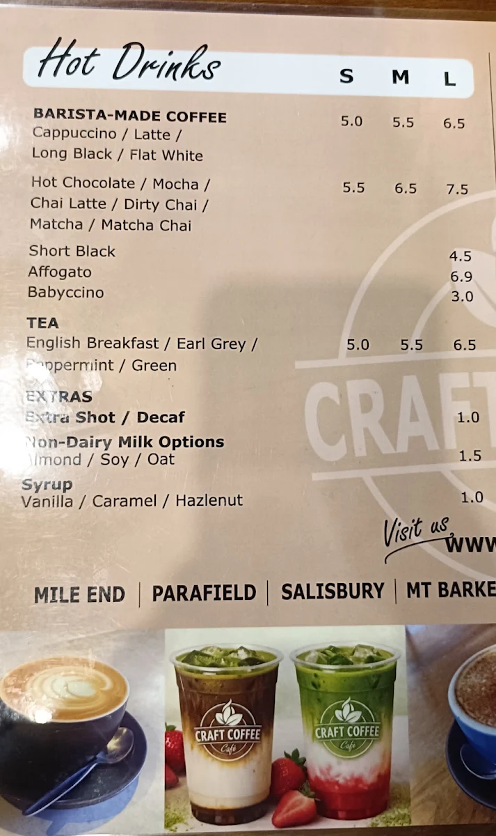 Menu, Craft Coffee Cafe Mount Barker