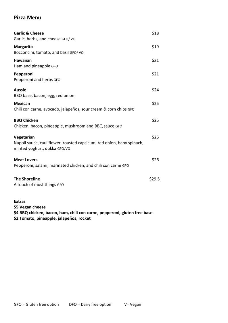 Menu, The Shoreline Hotel Accommodation - Howrah