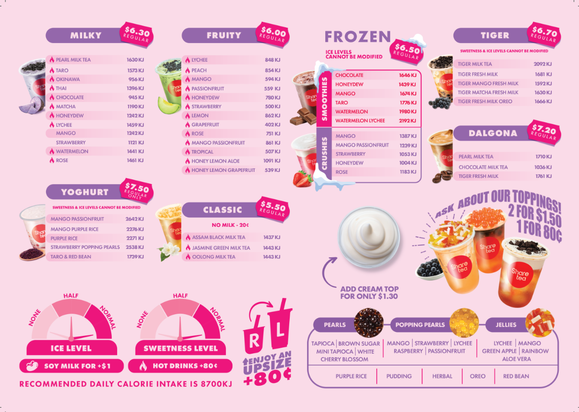 Menu, Sharetea Northland