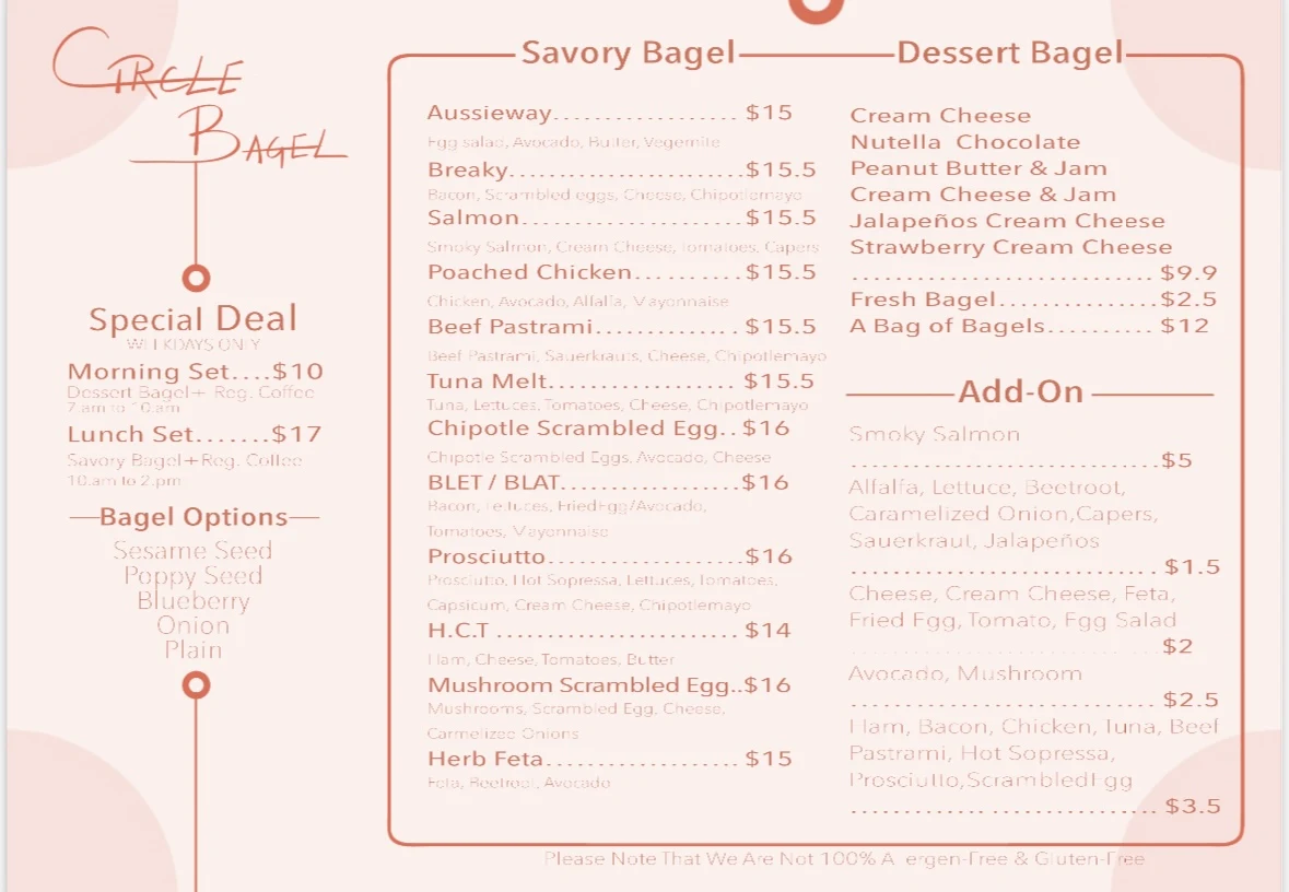 Menu, Circle Bagel & Cafe