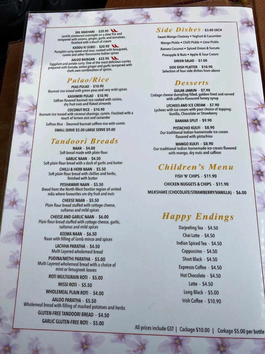 Menu, The Saffron Waterfront Indian Restaurant Hobart