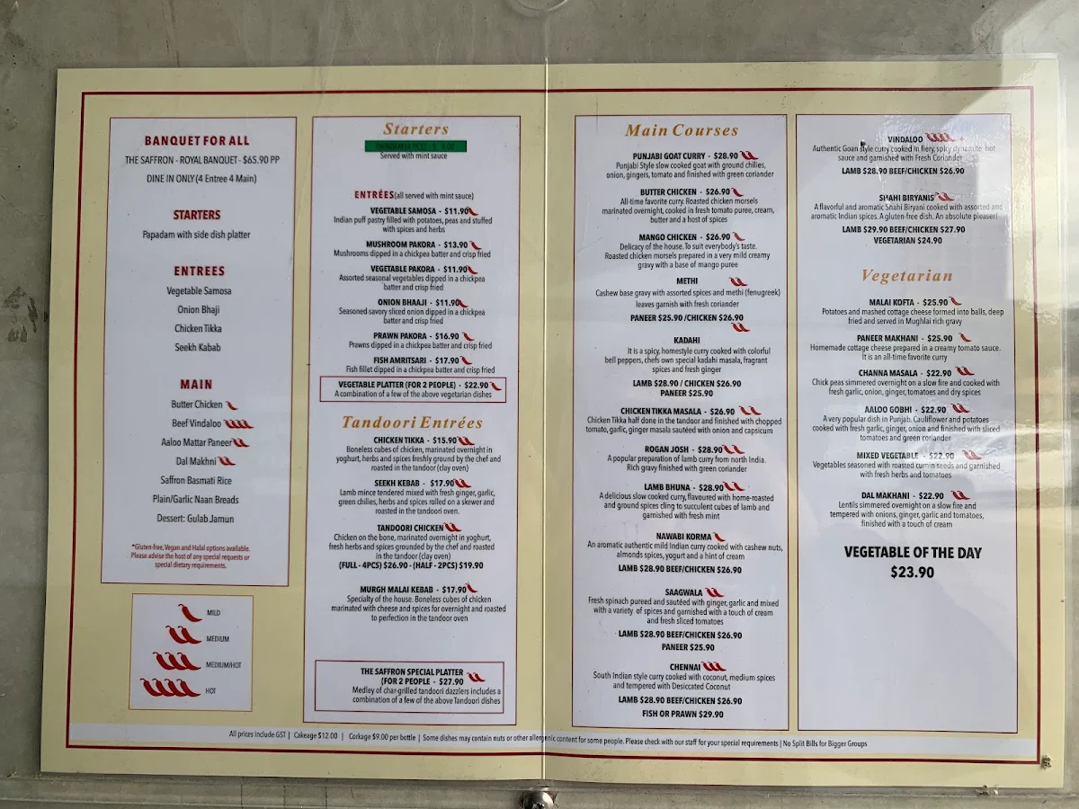 Menu, The Saffron Waterfront Indian Restaurant Hobart