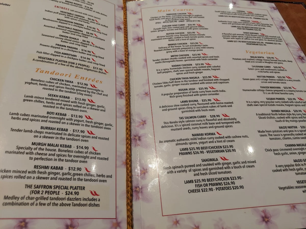 Menu, The Saffron Waterfront Indian Restaurant Hobart