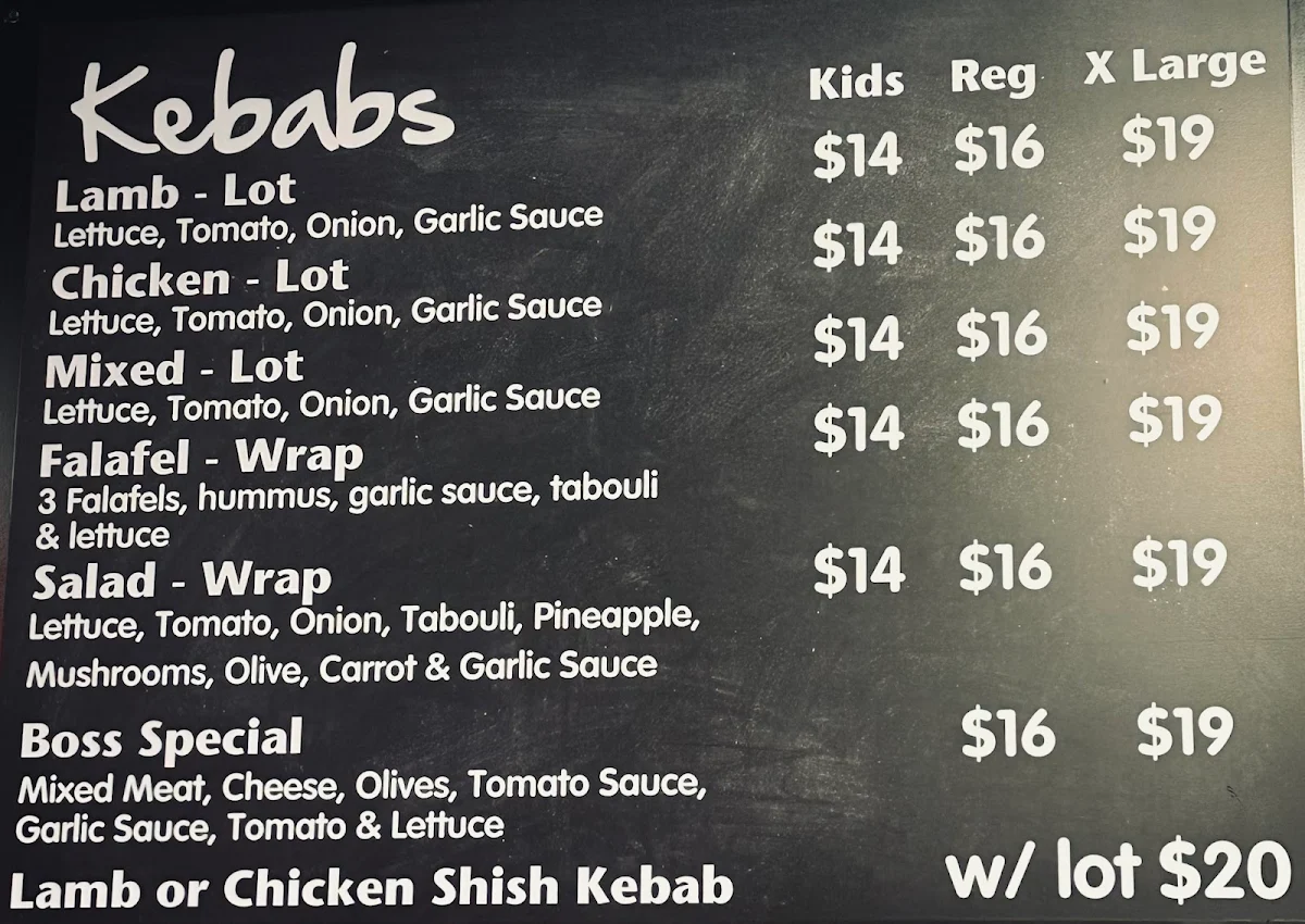 Menu, Kebabman Geelong