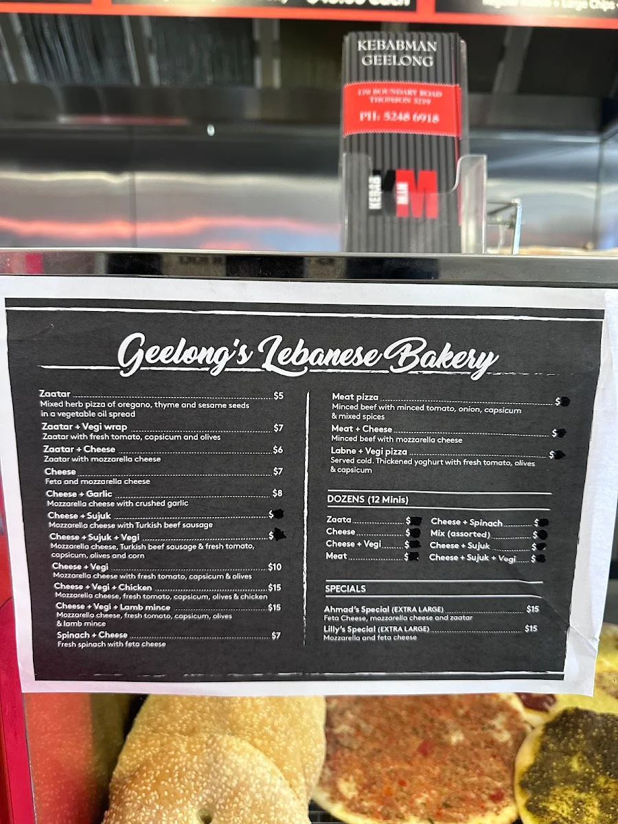 Menu, Kebabman Geelong