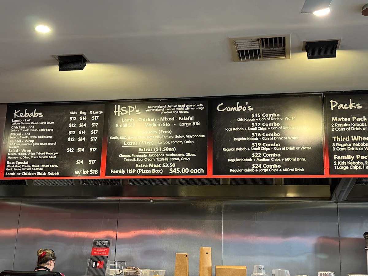 Menu, Kebabman Geelong