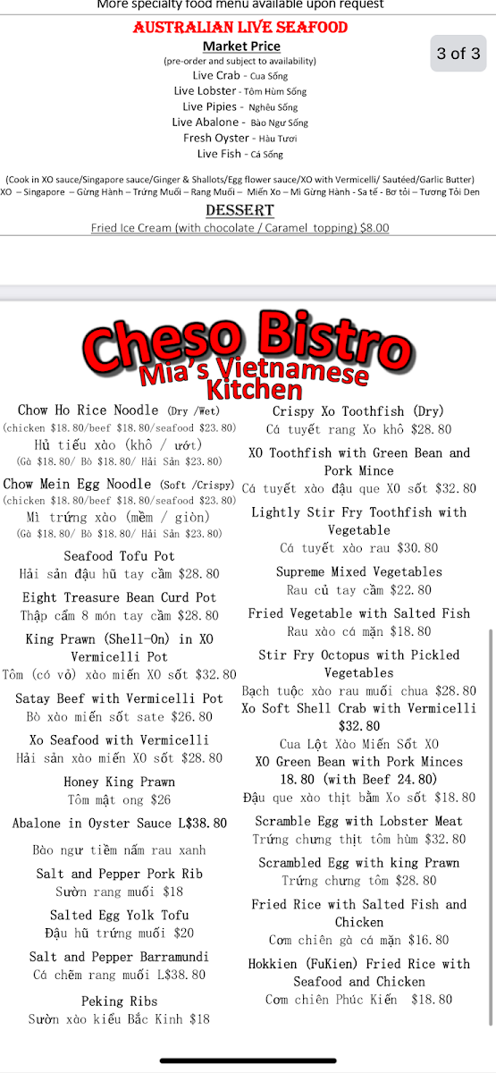 Menu, Mia's Vietnamese Kitchen