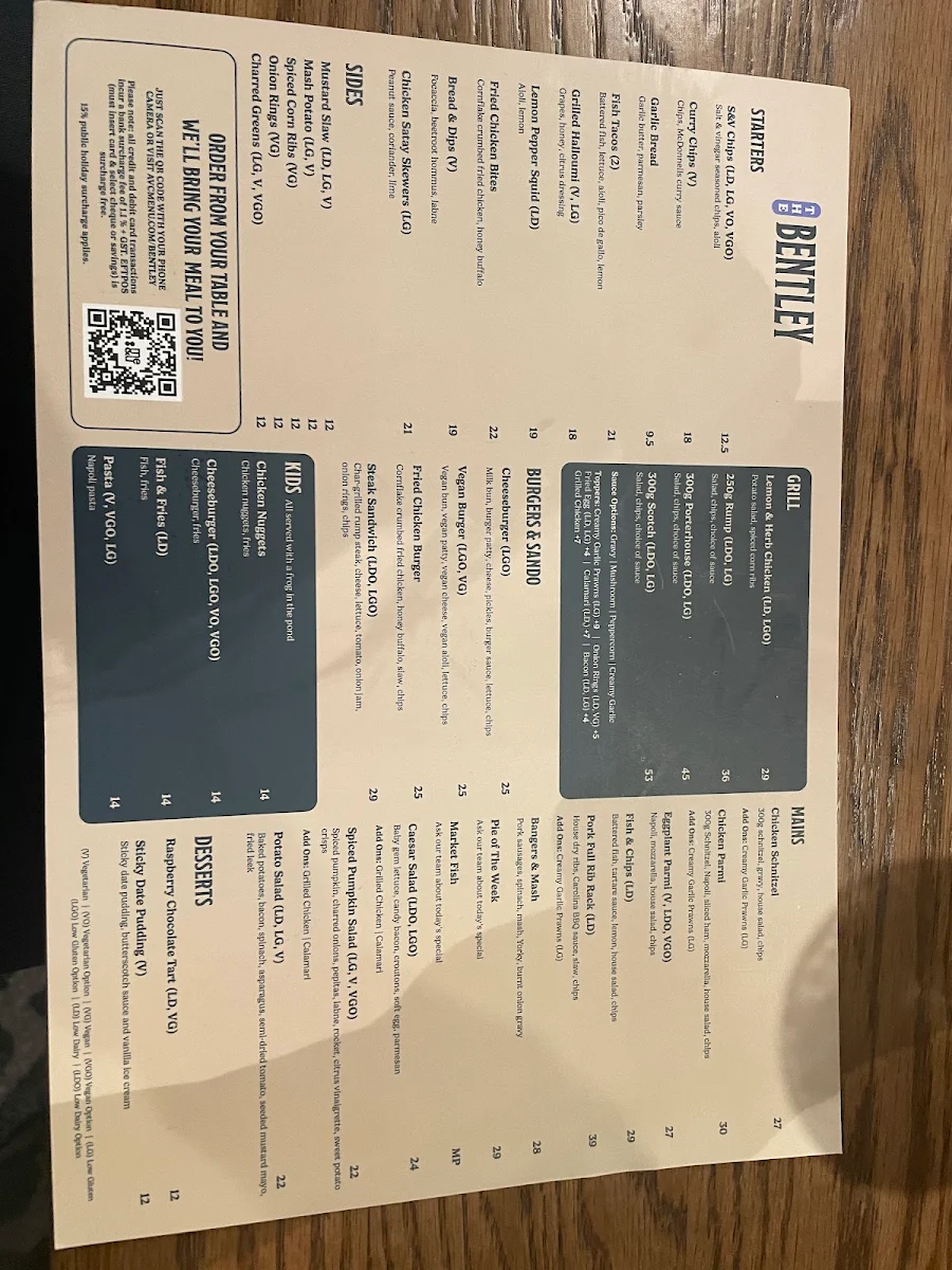 Menu, The Bentley