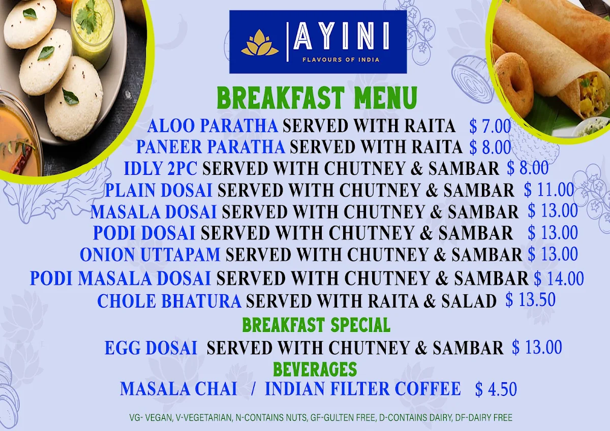 Menu, AYINI Flavours of India