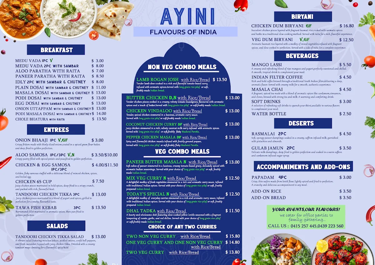 Menu, AYINI Flavours of India