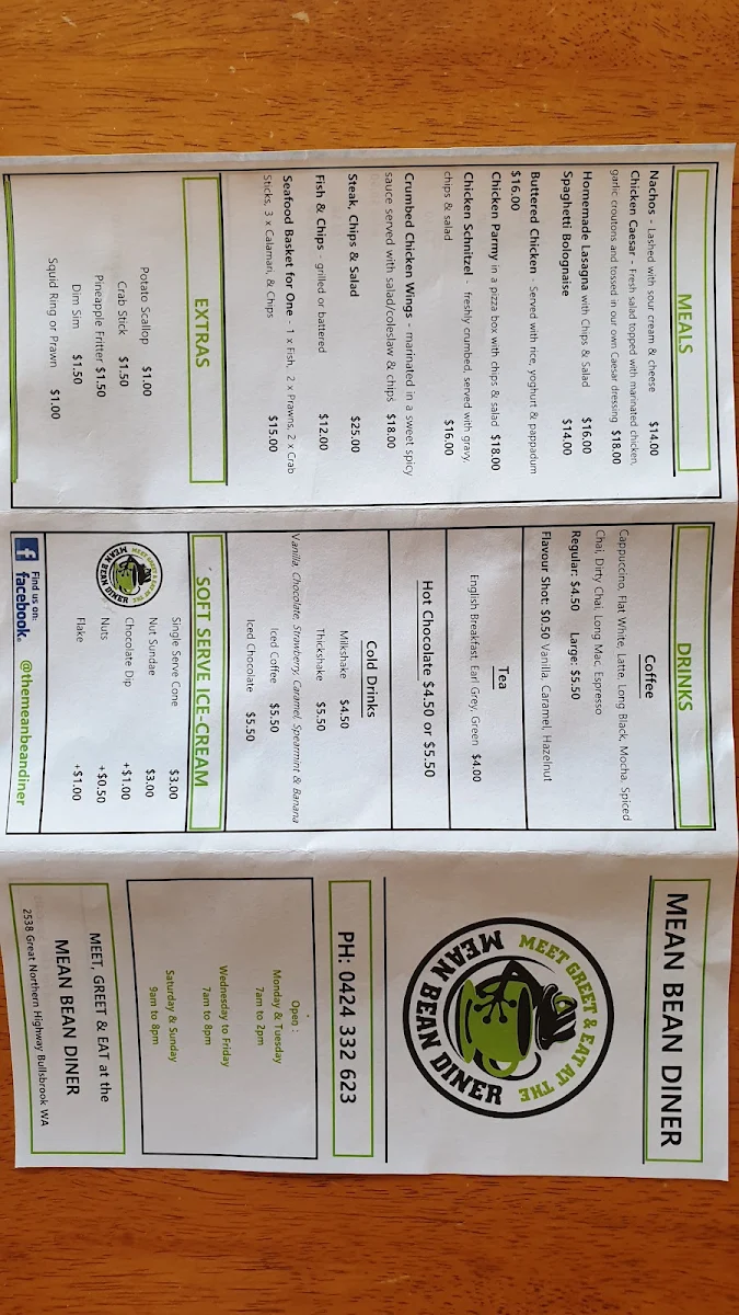 Menu, MEAN BEAN DINER