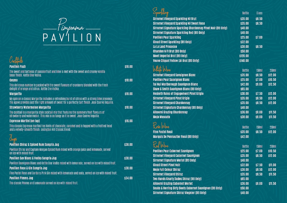 Menu, Pimpama Pavilion