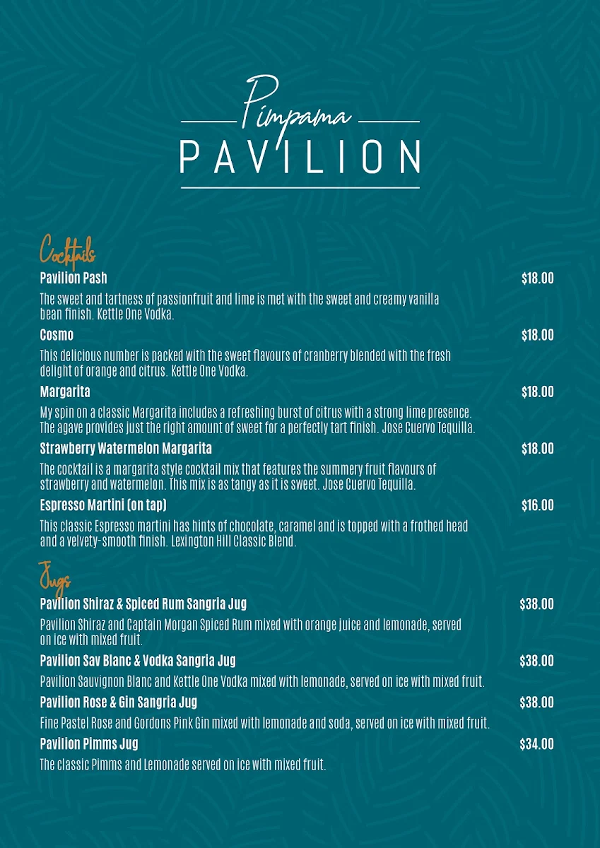 Menu, Pimpama Pavilion