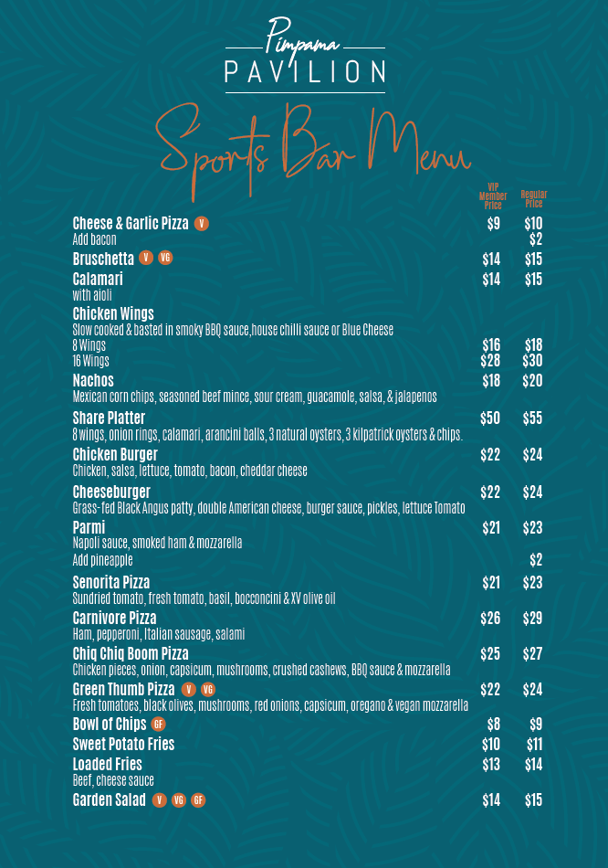 Menu, Pimpama Pavilion