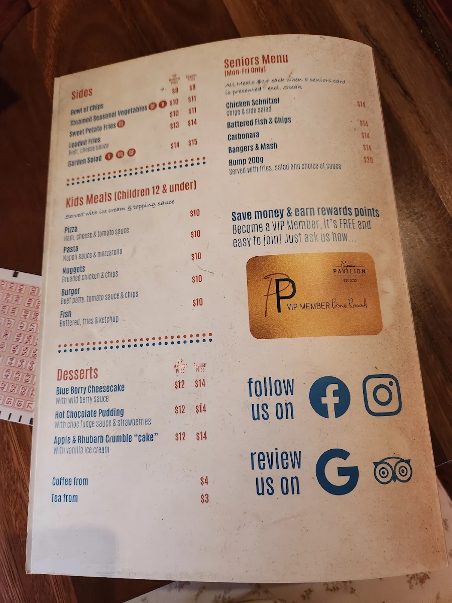 Menu, Pimpama Pavilion
