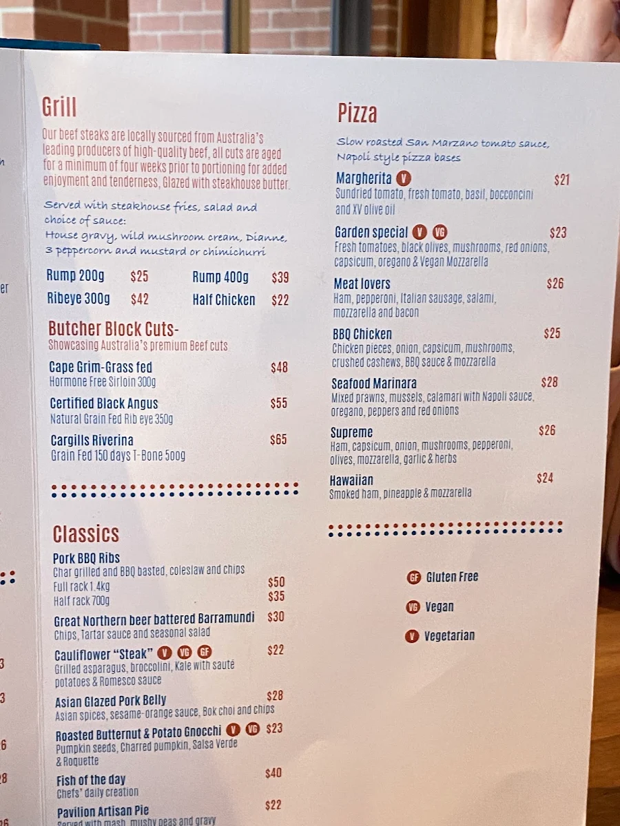 Menu, Pimpama Pavilion