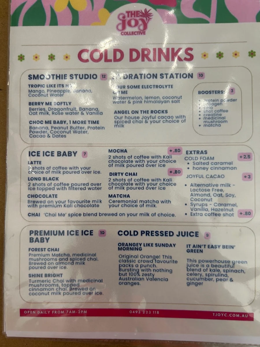 Menu, The JOY Cafe