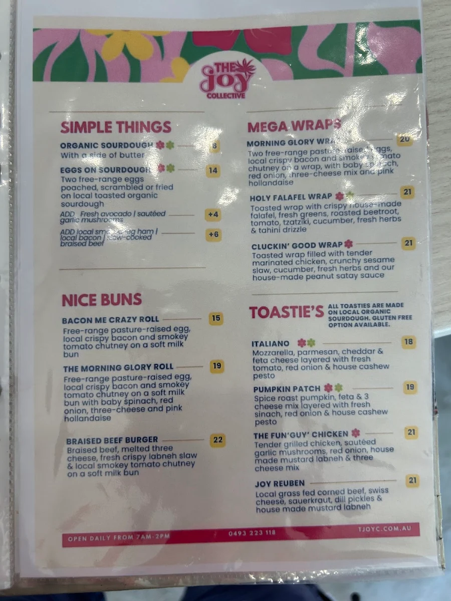Menu, The JOY Cafe
