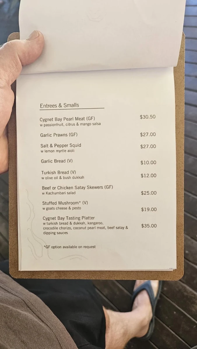 Menu, Cygnet Bay Restaurant and Licensed Cafe