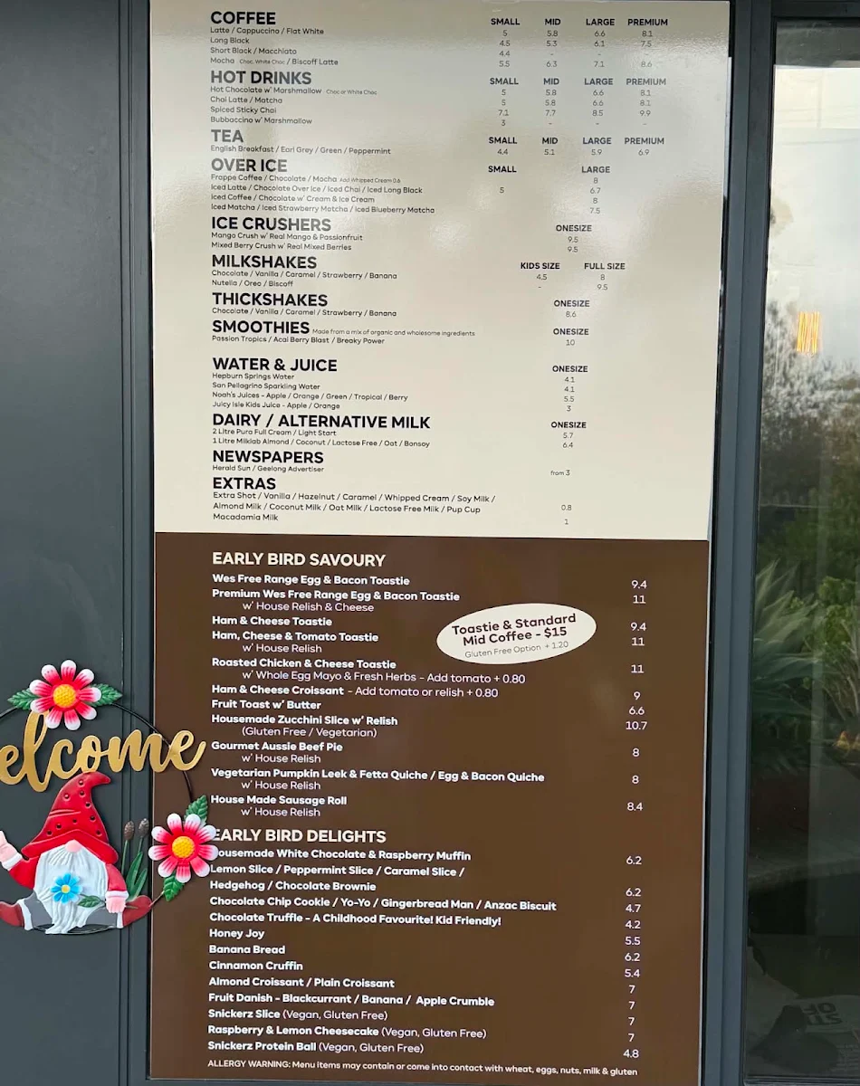 Menu, Early Bird Baristas