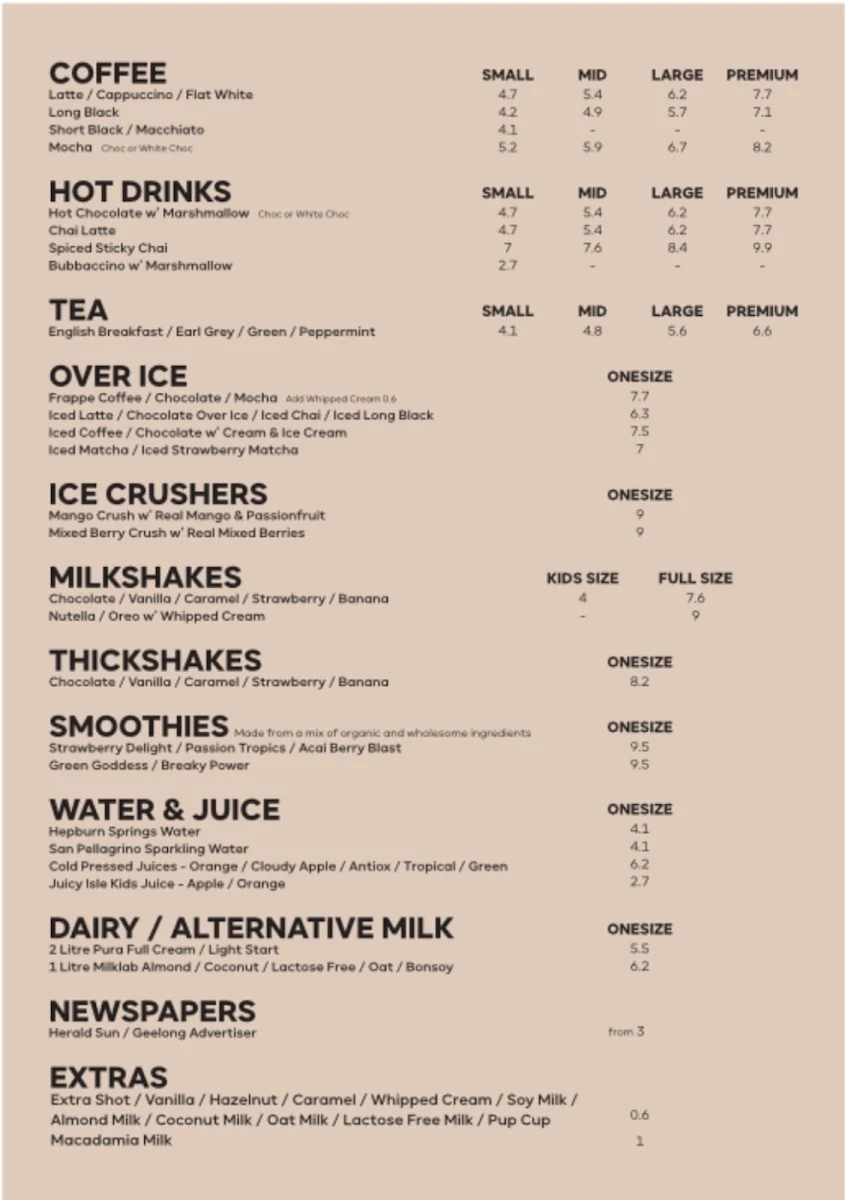 Menu, Early Bird Baristas