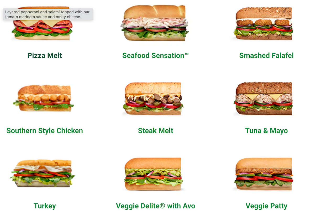 Menu, Subway North Geelong