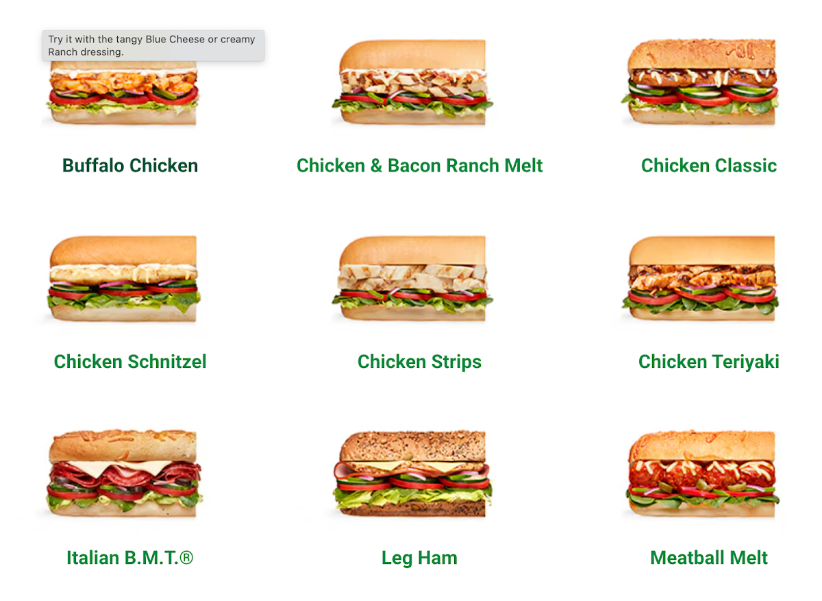 Menu, Subway North Geelong