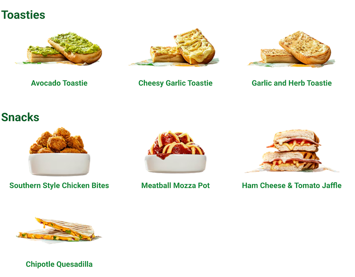 Menu, Subway North Geelong