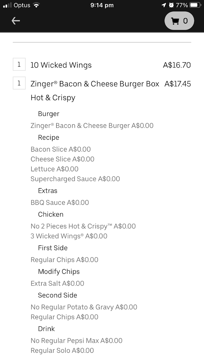 Menu, KFC Preston
