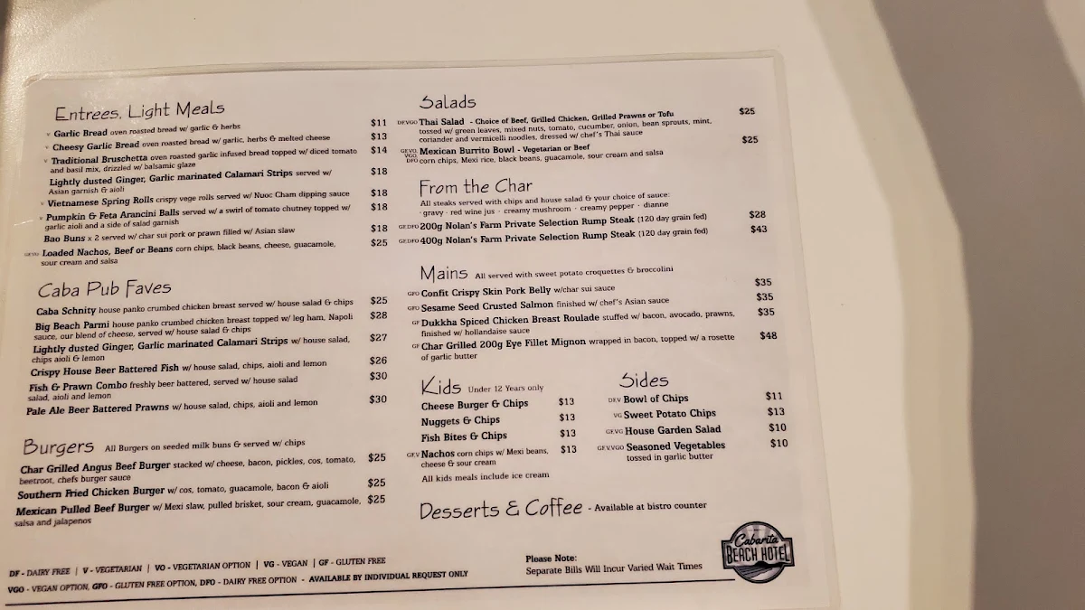 Menu, Cabarita Beach Hotel