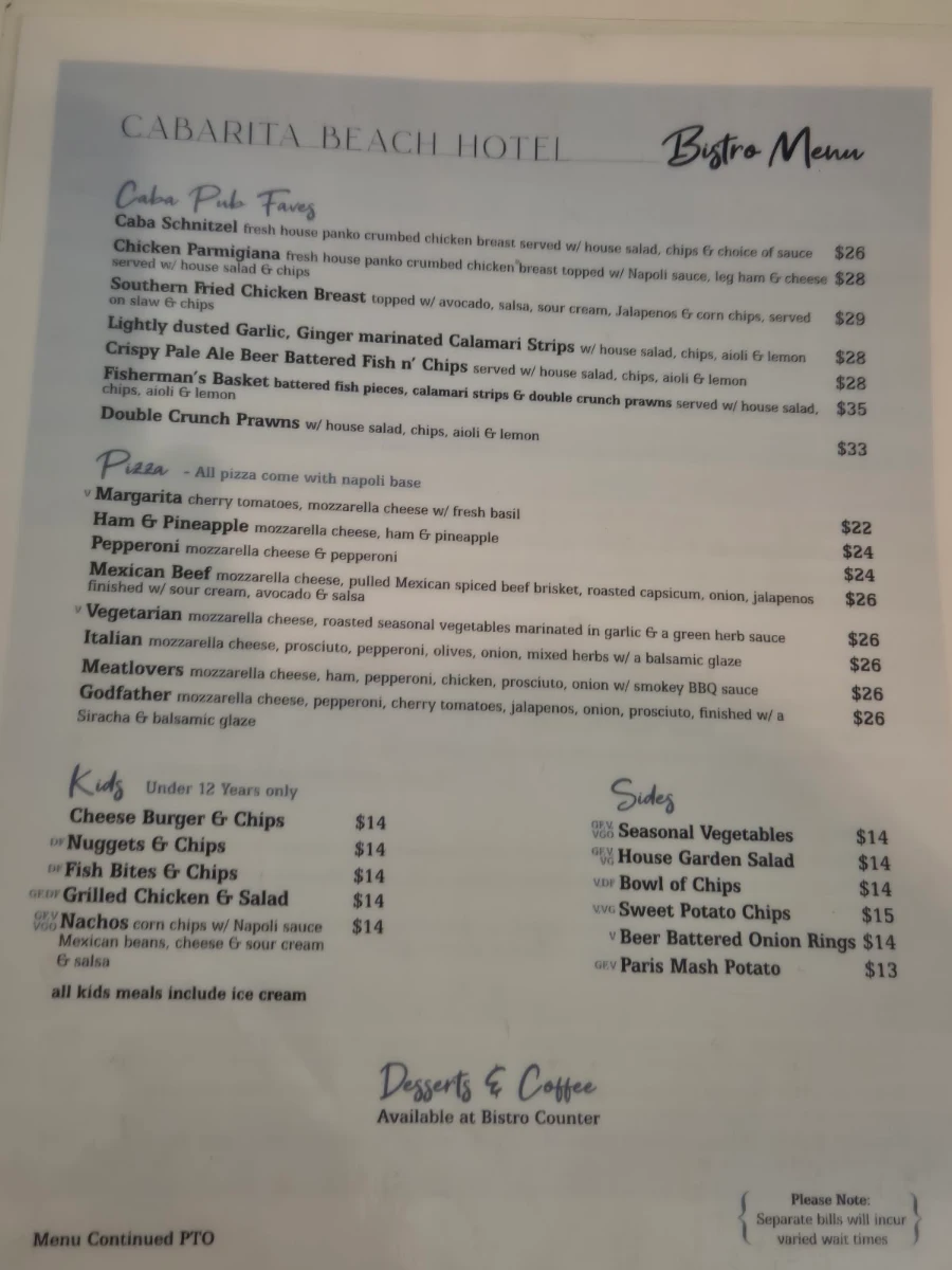 Menu, Cabarita Beach Hotel